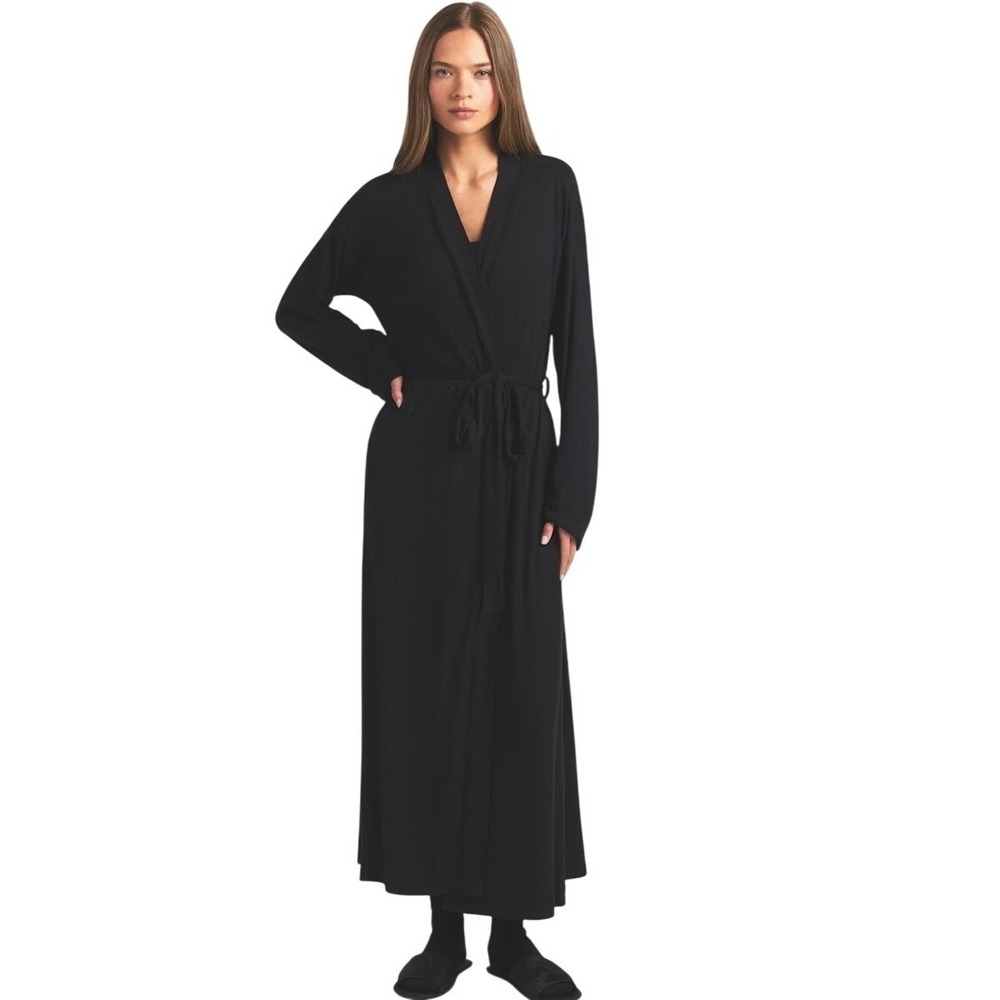 Skims Soft Lounge Long Robe Onyx Black Ribbed Knit Sleepwear RB-ROBE-5848W XS - Picture 5 of 7
